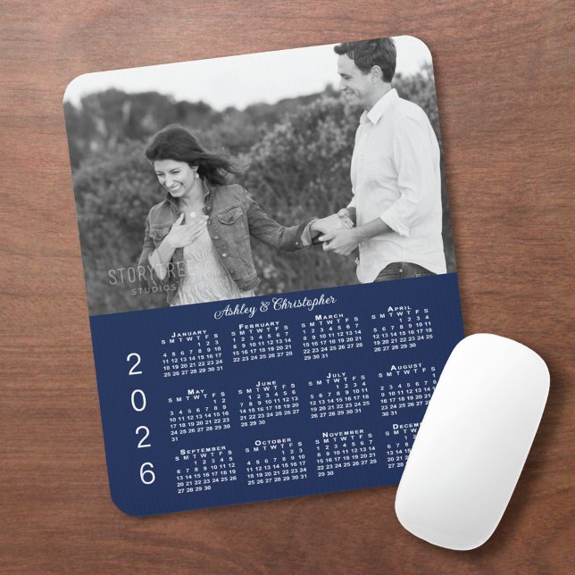 Your Photo Names Navy Blue 2026 Calendar Mouse Mat (Your Photo Names Navy Blue 2026 Calendar Mouse Pad, in situ)