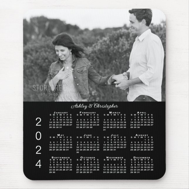 Your Photo Names Personalised Black 2024 Calendar Mouse Mat (Front)