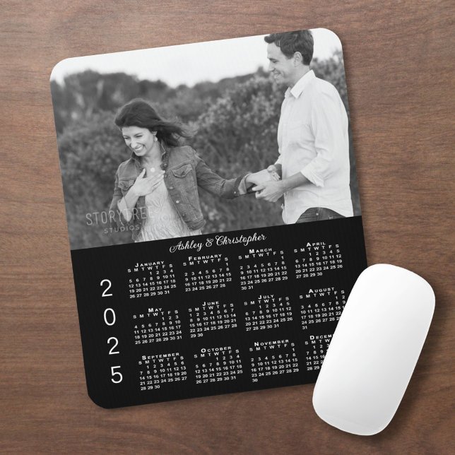 Your Photo Names Personalised Black 2025 Calendar Mouse Mat (Your Photo Names Personalized Black 2025 Calendar Mouse Pad in situ)