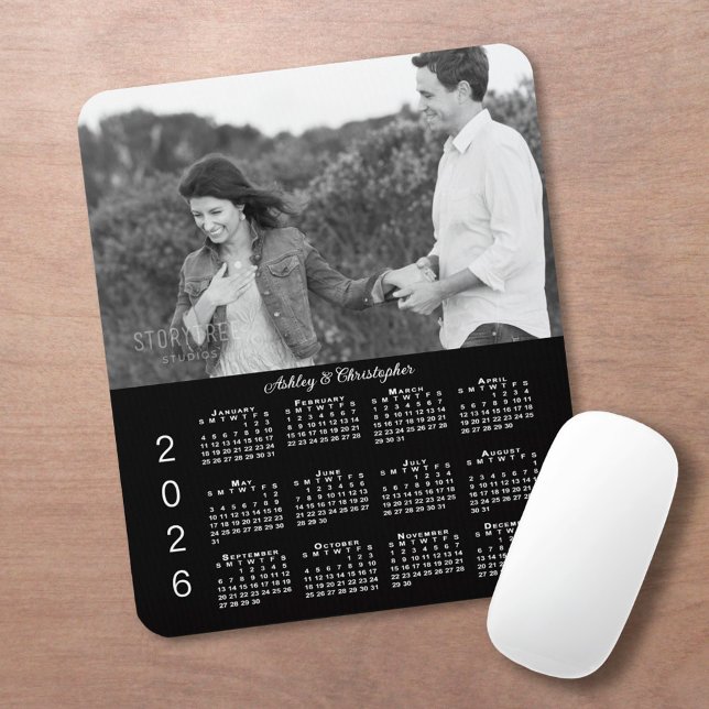 Your Photo Names Personalised Black 2026 Calendar Mouse Mat (Your Photo Names Personalized Black 2026 Calendar Mouse Pad, in situ)