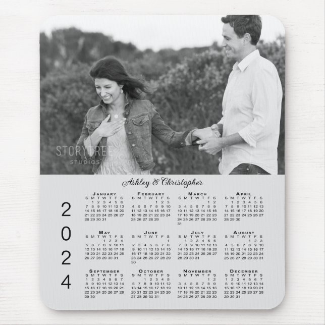 Your Photo Names Personalised Grey 2024 Calendar Mouse Mat (Front)