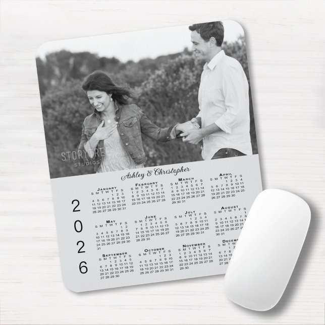 Your Photo Names Personalised Grey 2026 Calendar Mouse Mat (Your Photo Names Personalized Gray 2026 Calendar Mouse Pad, in situ)