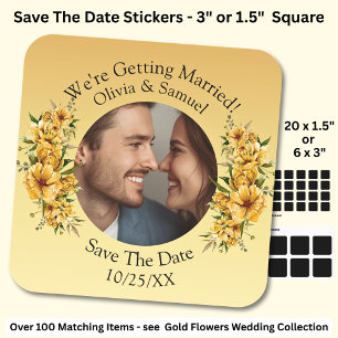 Your Photo & Names, Save The Date, Golden Yellow  Square Sticker