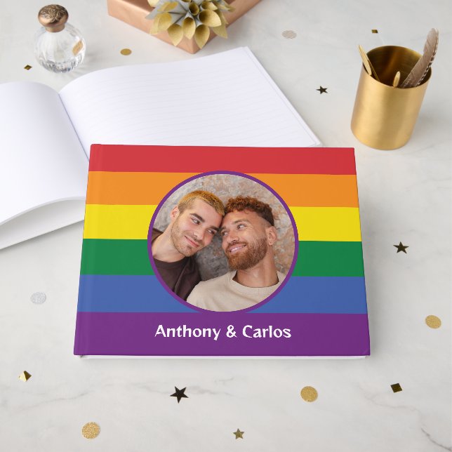YOUR Photo, Names & Text Rainbow Pride Guest Book (Front Open)
