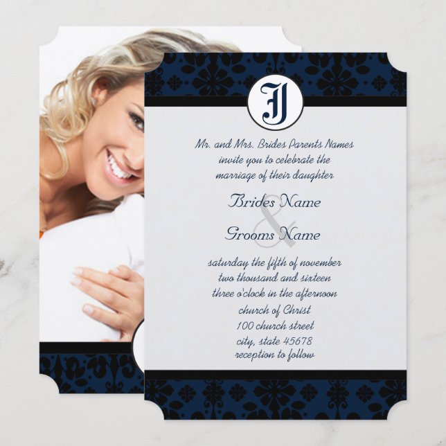 Your Photo Navy & Black Damask Wedding Invitation (Front/Back)