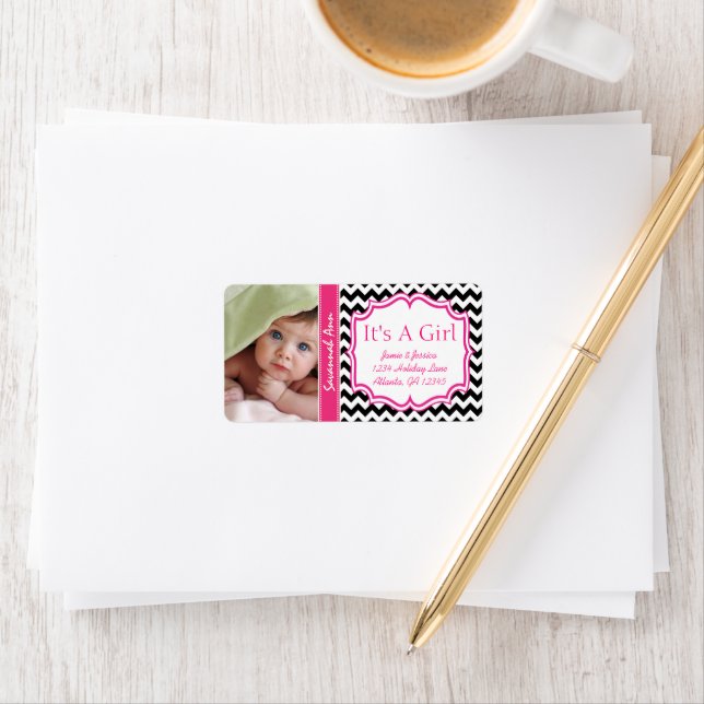 Your Photo New Baby Its A Girl PINK Trendy Zig Zag Label (Insitu)