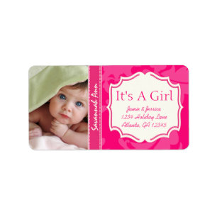 Your Photo New Baby Its A Girl PINK Vintage Floral Label