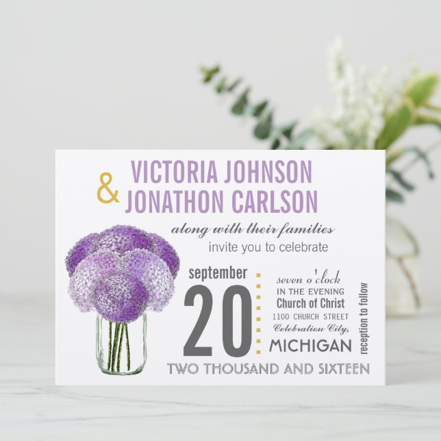 Your Photo on Back Hydrangea in a Mason Jar Invitation (Standing Front)