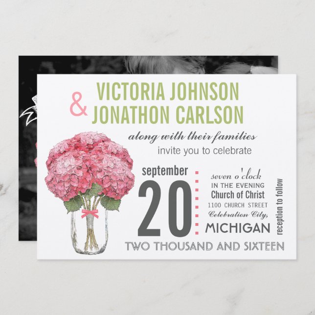 Your Photo on Back Hydrangea in Mason Jar Invitation (Front/Back)