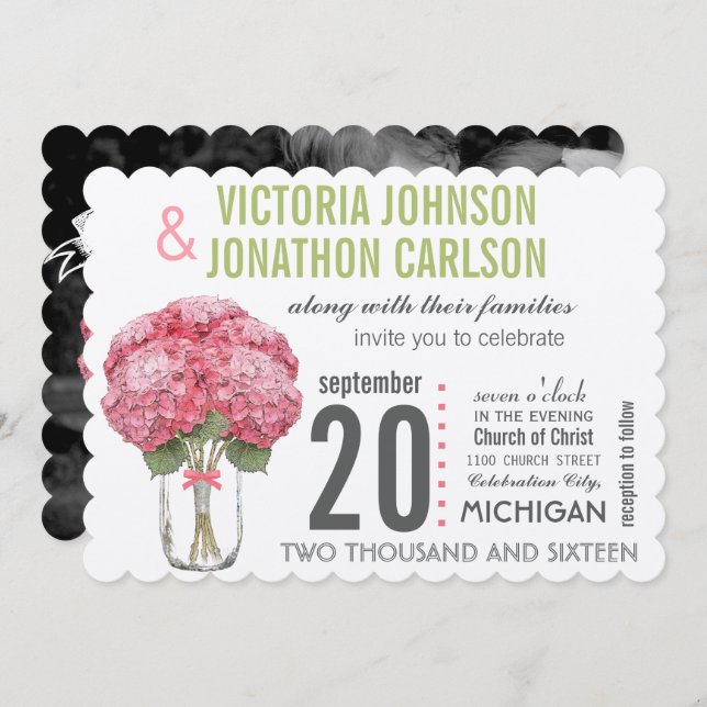 Your Photo on Back Hydrangea in Mason Jar Invitation (Front/Back)
