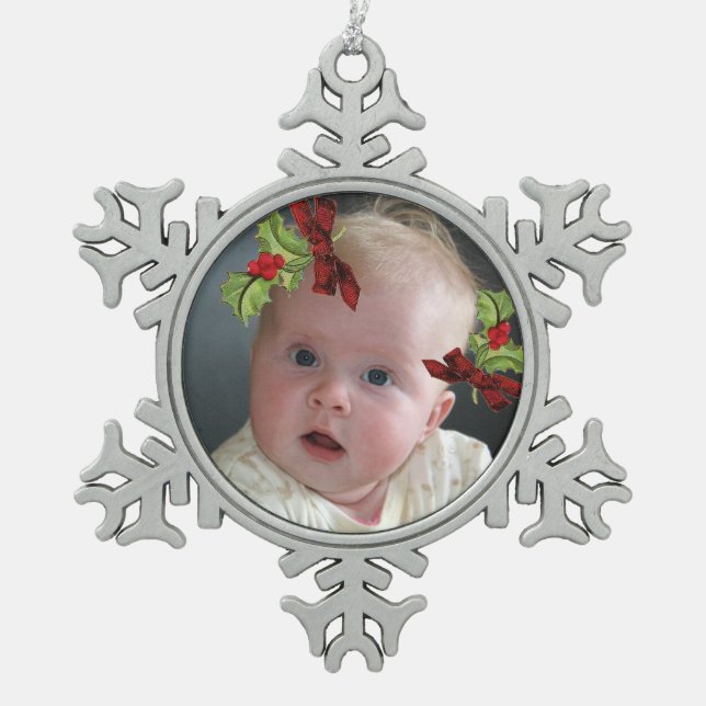 Your Photo on Christmas Holly Snowflake Ornament (Front)