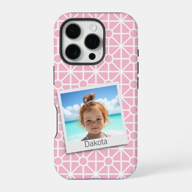 Your Photo on Pretty Pink and White Pattern iPhone Case (Back)