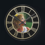 Your Photo Personalized With Roman Numerals Round Clock<br><div class="desc">Your Photo Personalized Roman Numerals wall clock from Ricaso - faux gold on black</div>