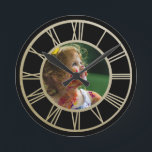 Your Photo Personalized With Roman Numerals Round Clock<br><div class="desc">Your Photo Personalized Roman Numerals wall clock from Ricaso - faux gold on black</div>