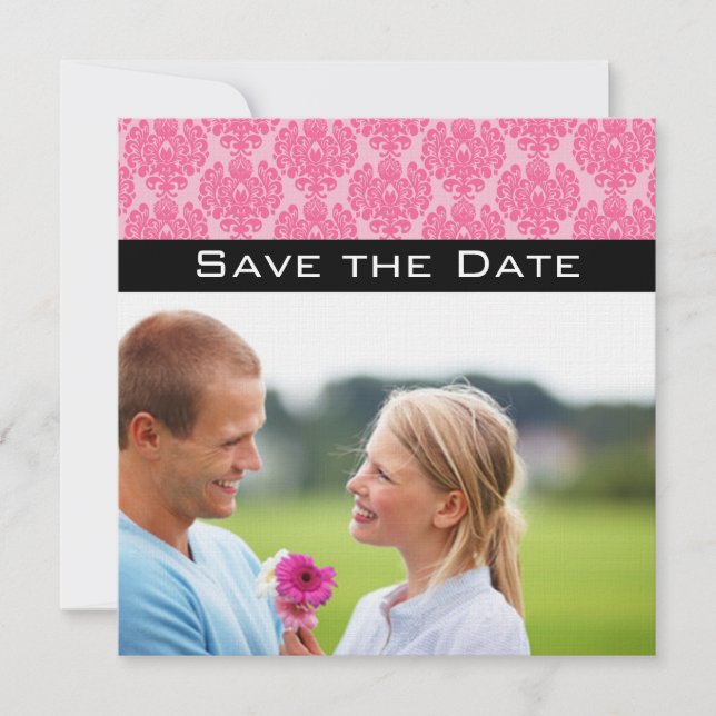 Your Photo Pink Black Damask Wedding Save the Date Invitation (Front)