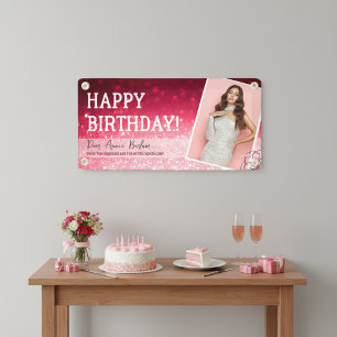 "Your Photo" Pink Glitter Glam Birthday Banner