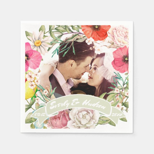 Your Photo Pink Red Yellow Rose Wedding Wreath Napkin (Front)