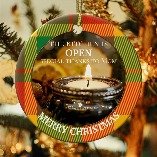 Your Photo Plaid Kitchen Personalised Christmas Ceramic Tree Decoration (A feel-good Christmas ornament featuring your own custom photo framed by a colorful plaid design)