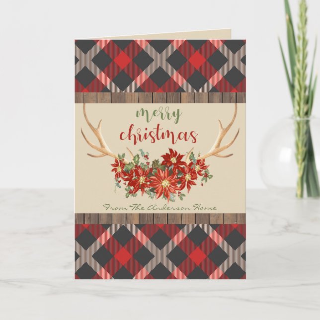 YOUR PHOTO   Plaid Woodland Antlers Christmas Holiday Card (Front)