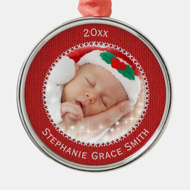 Your Photo Red Knit Pattern Picture Frame Round Metal Tree Decoration (Front)