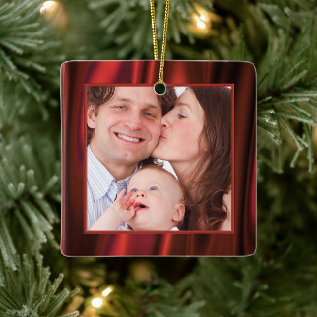 Your Photo  - Red Smooth Satin Look Picture Frame Ceramic Ornament (Tree)