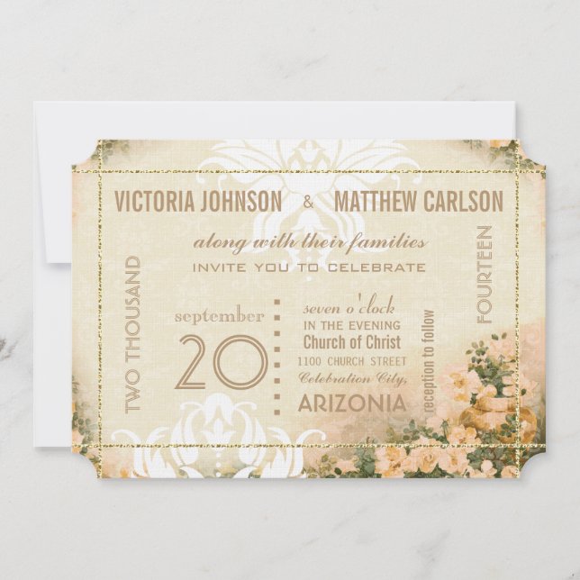 Your Photo Rose Gold Damask Floral Wedding Invitation (Front)