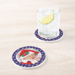 Your Photo Santa Baby Blue Background Snowflakes Coaster
