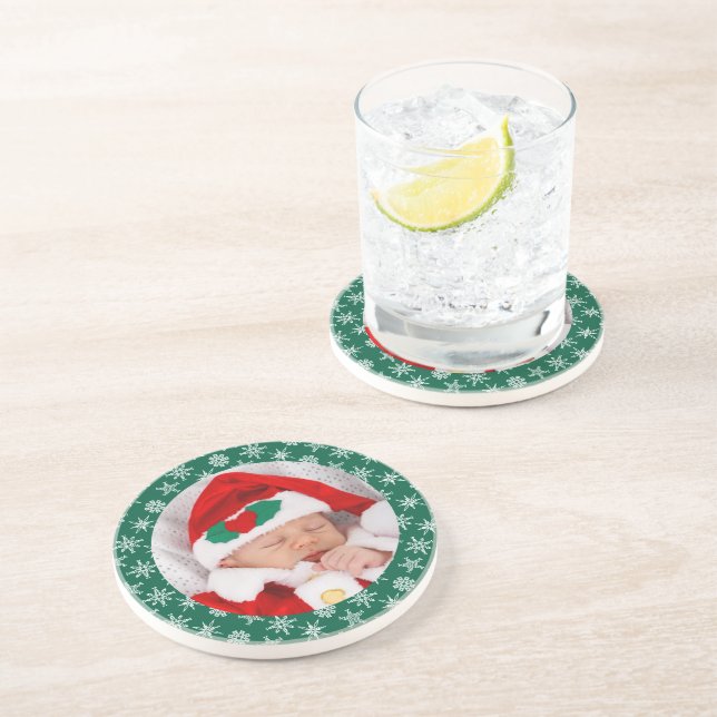 Your Photo Santa Baby Green Background Snowflakes Coaster (Side)