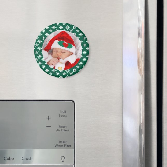 Your Photo Santa Baby Green Background Snowflakes Magnet (In Situ (Fridge))