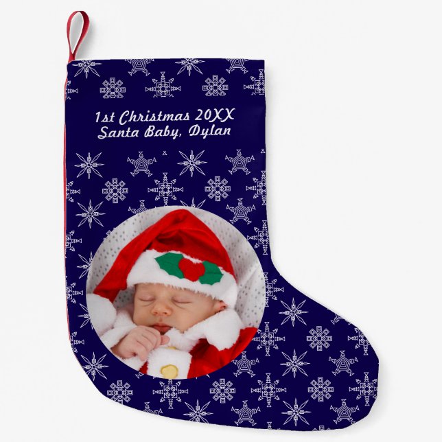 Your Photo Santa Baby Snowflake & Blue Background Small Christmas Stocking (Front)
