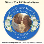 Your Photo, Save The Date, Cobalt Blue & White Classic Round Sticker<br><div class="desc">Add your photo</div>