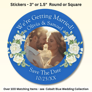 Your Photo, Save The Date, Cobalt Blue & White Classic Round Sticker