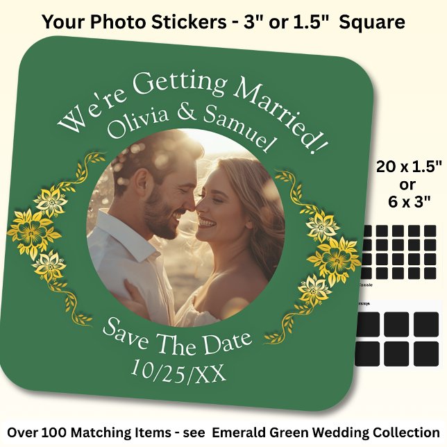 Your Photo, Save The Date, Emerald Green & Gold Square Sticker (Creator Uploaded)