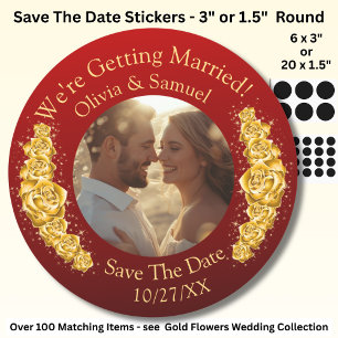 Your Photo, Save The Date, Gold Flowers Maroon Red Classic Round Sticker