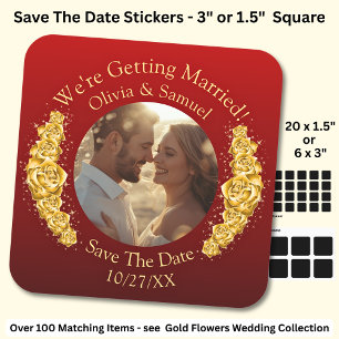 Your Photo, Save The Date, Gold Flowers Maroon Red Square Sticker