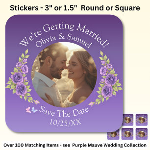Your Photo, Save The Date, Purple Mauve Flowers Square Sticker