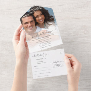 Your Photo Simple Modern String Lights Wedding All In One Invitation