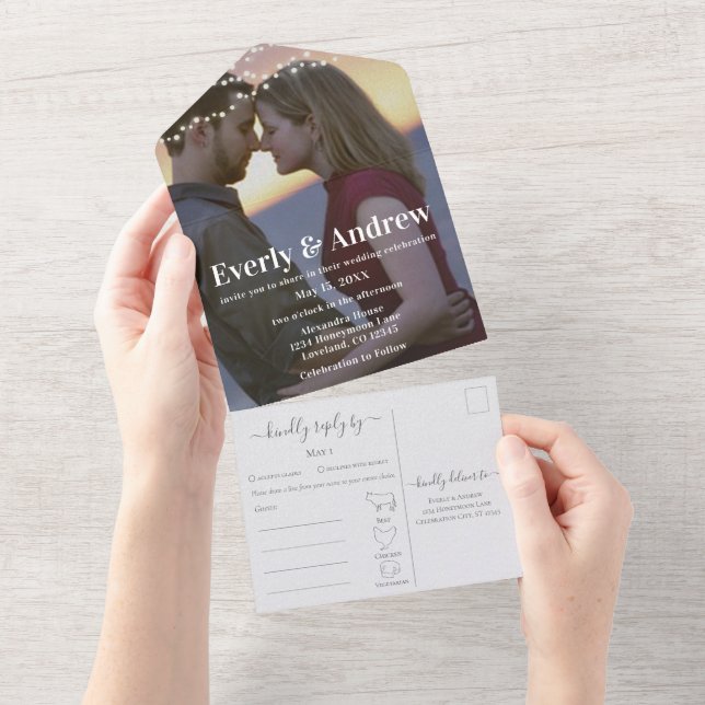 Your Photo Simple Modern String Lights Wedding All In One Invitation (Tearaway)