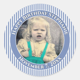 Your Photo Simple Stripes Pattern Blue/White Classic Round Sticker