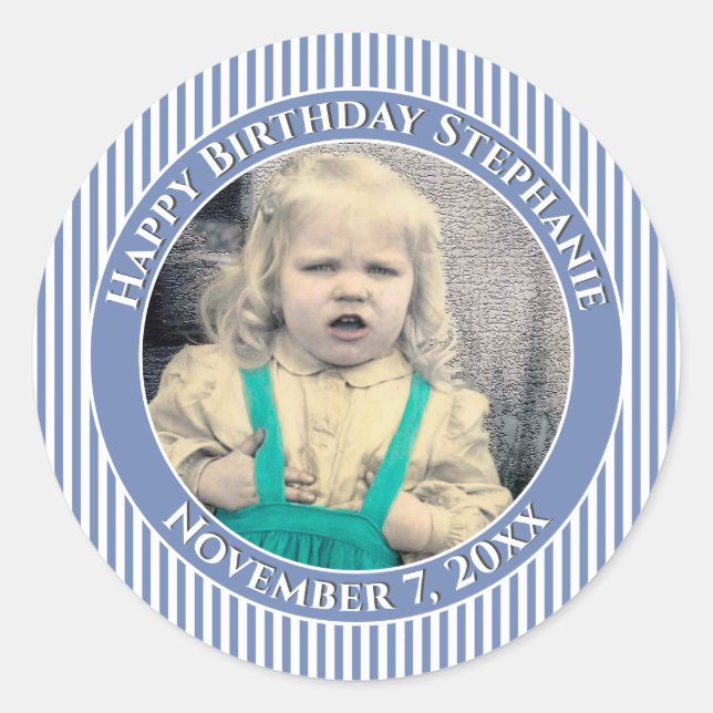 Your Photo Simple Stripes Pattern Blue/White Classic Round Sticker (Front)