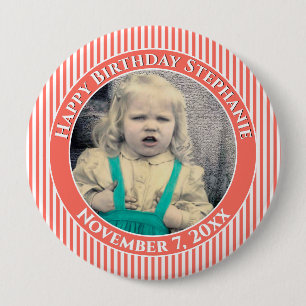 Your Photo Simple Stripes Pattern Coral/White 10 Cm Round Badge