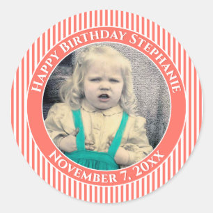 Your Photo Simple Stripes Pattern Coral/White Classic Round Sticker