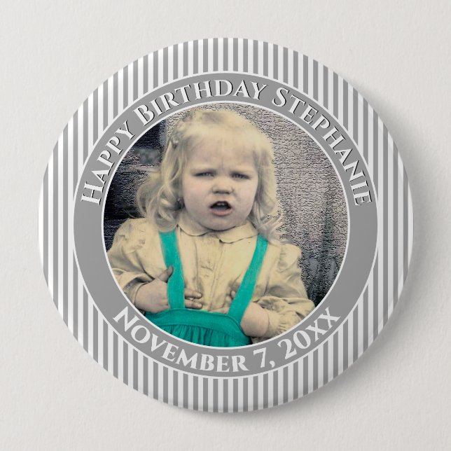 Your Photo Simple Stripes Pattern Grey/White 10 Cm Round Badge (Front)