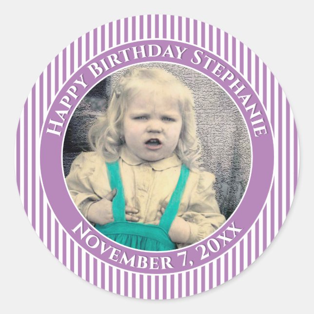 Your Photo Simple Stripes Pattern Lavender/White Classic Round Sticker (Front)