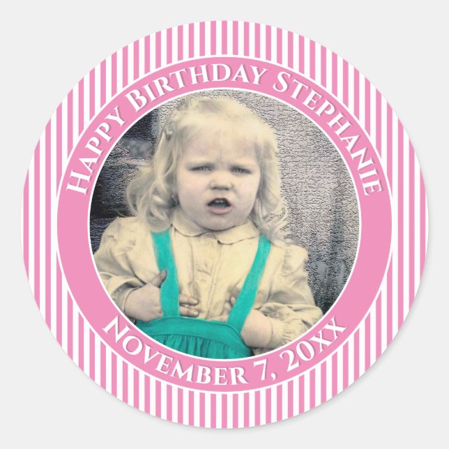 Your Photo Simple Stripes Pattern Pink/White Classic Round Sticker (Front)