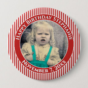 Your Photo Simple Stripes Pattern Red/White 10 Cm Round Badge