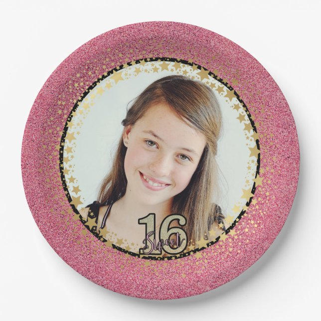 Your Photo Sweet 16 with Pink Glitter Bowl Paper P Paper Plate (Front)