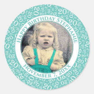 Your Photo Teal/White 20 Random Number Pattern Classic Round Sticker