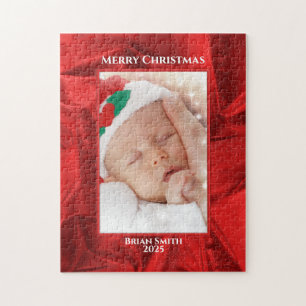 Your Photo Text - Holiday Red Metallic Jigsaw Puzzle