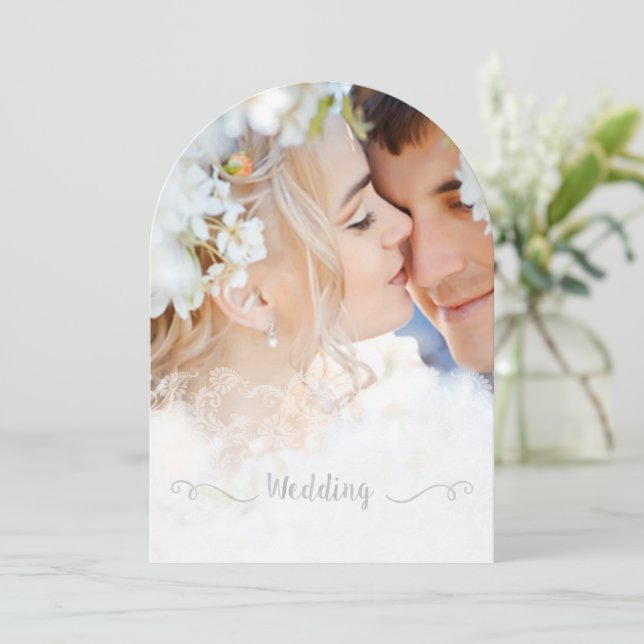 Your Photo Vintage Damask Black Font Wedding Invitation (Standing Front)